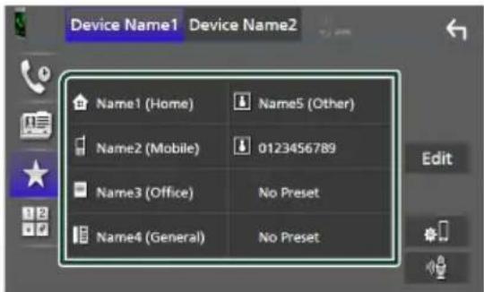 Device Name1 Device Name2 Name1 (Home) Name5 (Other) Name2 (Mobile) 0123456789 Name3 (Office) No Preset Name4 (General) No Preset Edit