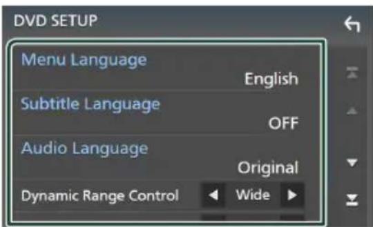 DVD SETUP Menu Language English Subtitle Language OFF Audio Language Original Dynamic Range Control Wide
