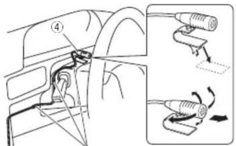 Diagram showing car interior and cable installation steps with labeled parts and directional arrows