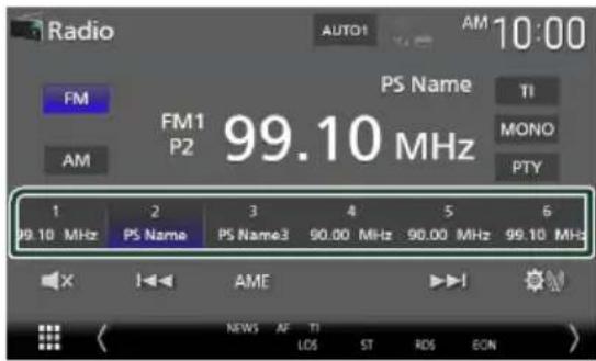 Radio AUTO1 AM 10:00 FM PS Name TI FM1 P2 99.10 MHz MONO PTY AM 1 2 3 4 5 6 99.10 MHz PS Name PS Name3 90.00 MHz 90.00 MHz 99.10 MHz × I← AME ►I NEWS AF TI LOS ST ROS EON