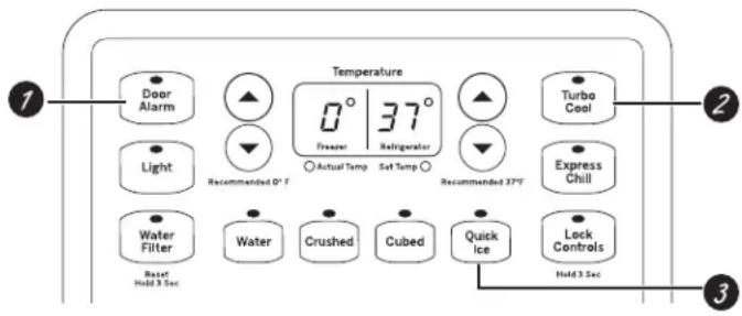Temperature Door Alarm Light Recommended 0°F Actual Temp Set Temp Recommended 37°F Water Filter Reset Hold 3 Sec Water Crushed Cubed Quick Ice Lock Controls Hold 3 Sec