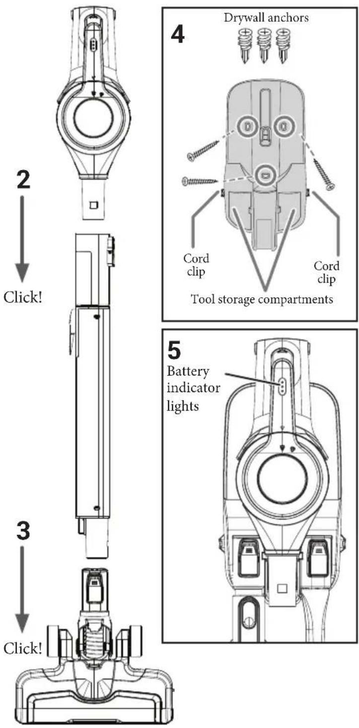 2 Click! 3 Click! 4 Drywall anchors Cord clip Cord clip Tool storage compartments 5 Battery indicator lights