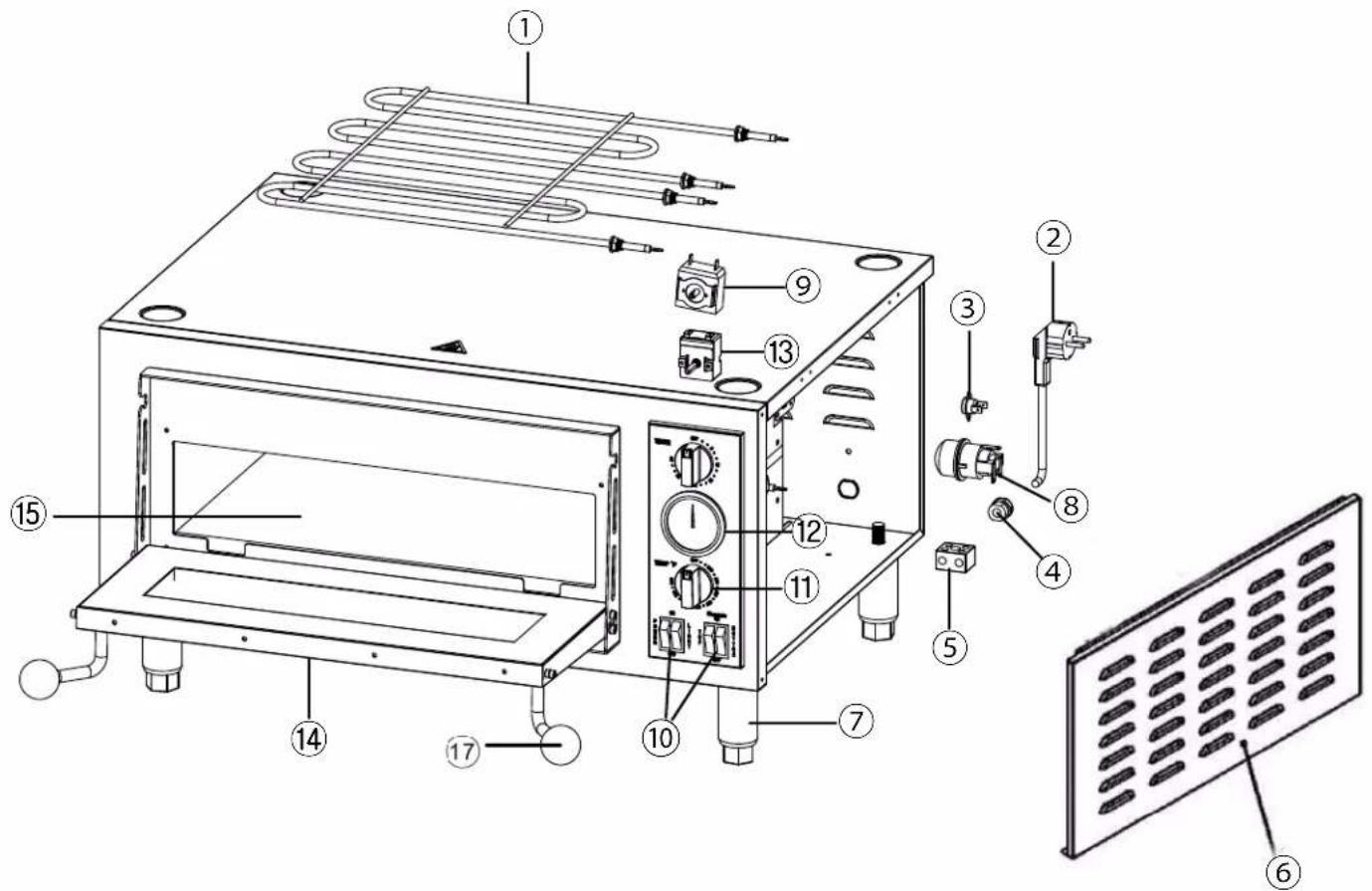 Exploded view diagram of a microwave oven with numbered parts for identification and assembly reference.