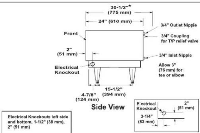 30-1/2"* (775 mm) 24" (610 mm) 3/4" Outlet Nipple 3/4" Coupling for T/P relief valve 3/4" Inlet Nipple Allow 3" (76 mm) for tee or elbow Front 2" (51 mm) Electrical Knockout 15-1/2" (394 mm) 4-7/8" (124 mm) Side View Electrical Knockouts left side and bottom, 1-1/2" (38 mm), 2" (51 mm) 2" 3-1/4" (83 mm)