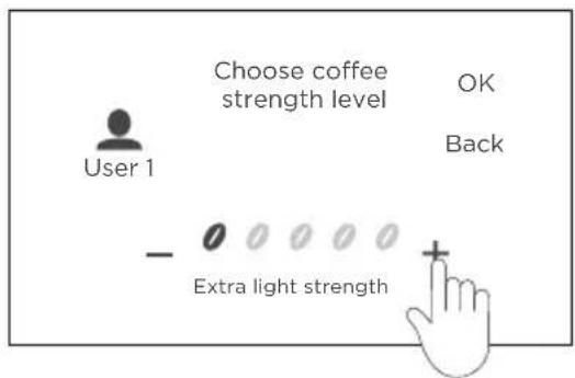 Choose coffee strength level OK Back User 1 - Extra light strength