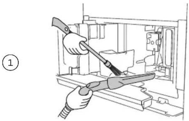 Illustration of hands using a power tool to clean or repair electronic components (no text or symbols visible)