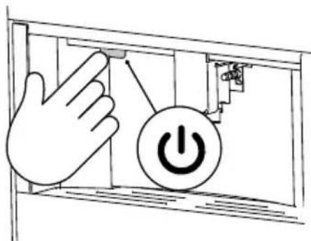Diagram showing a hand pressing a button into a device with a power button symbol, indicating action or status.