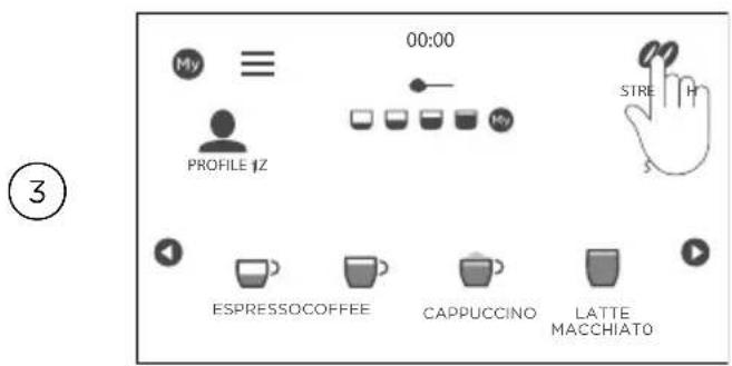 My ≡ 00:00 PROFILE 1Z STRE H ESPRESSOCOFFEE CAPPUCCINO LATTE MACCHIATO ③