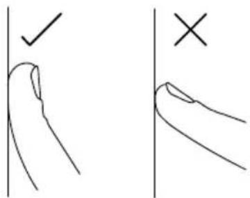 Diagram showing hand gesture with checkmark and cross symbols, likely illustrating correct and incorrect positioning or selection.