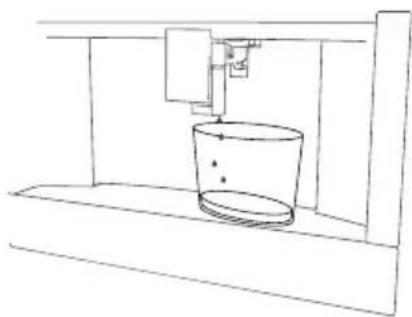 Line drawing of a mechanical device with a bucket and support structure (no text or symbols)