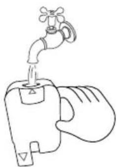 Simple line drawing of a hand holding a faucet with a water droplet (no text or symbols)
