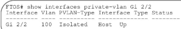FTOS# show interfaces private-vlan Gi 2/2 Interface Vlan PVLAN-Type Interface Type Status Gi 2/2 100 Isolated Host Up