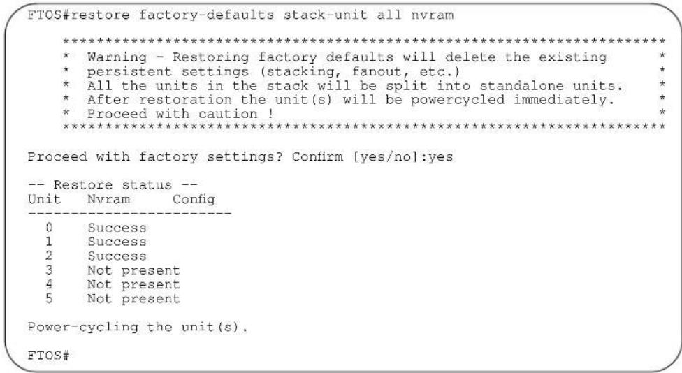 FTOS#restore factory-defaults stack-unit all nvram ********************************************************************** * Warning - Restoring factory defaults will delete the existing * * persistent settings (stacking, fanout, etc.) * All the units in the stack will be split into standalone units. * After restoration the unit(s) will be powercycled immediately. * Proceed with caution ! ********************************************************************** Proceed with factory settings? Confirm [yes/no]:yes -- Restore status -- Unit Nvram Config ---- 0 Success 1 Success 2 Success 3 Not present 4 Not present 5 Not present Power-cycling the unit(s). FTOS#