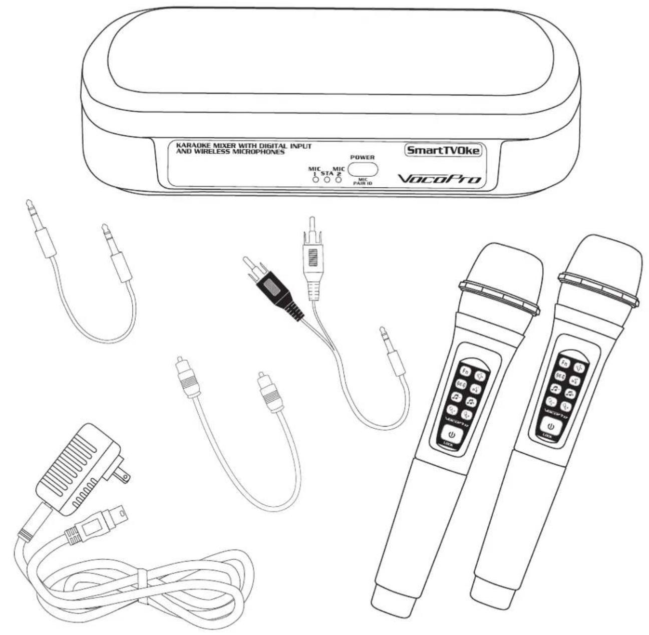 KARAOKE MIXER WITH DIGITAL INPUT AND WIRELESS MICROPHONES SmartTVOke VocoPro MIC 1 STA 2 POWER MIC PAIR ID