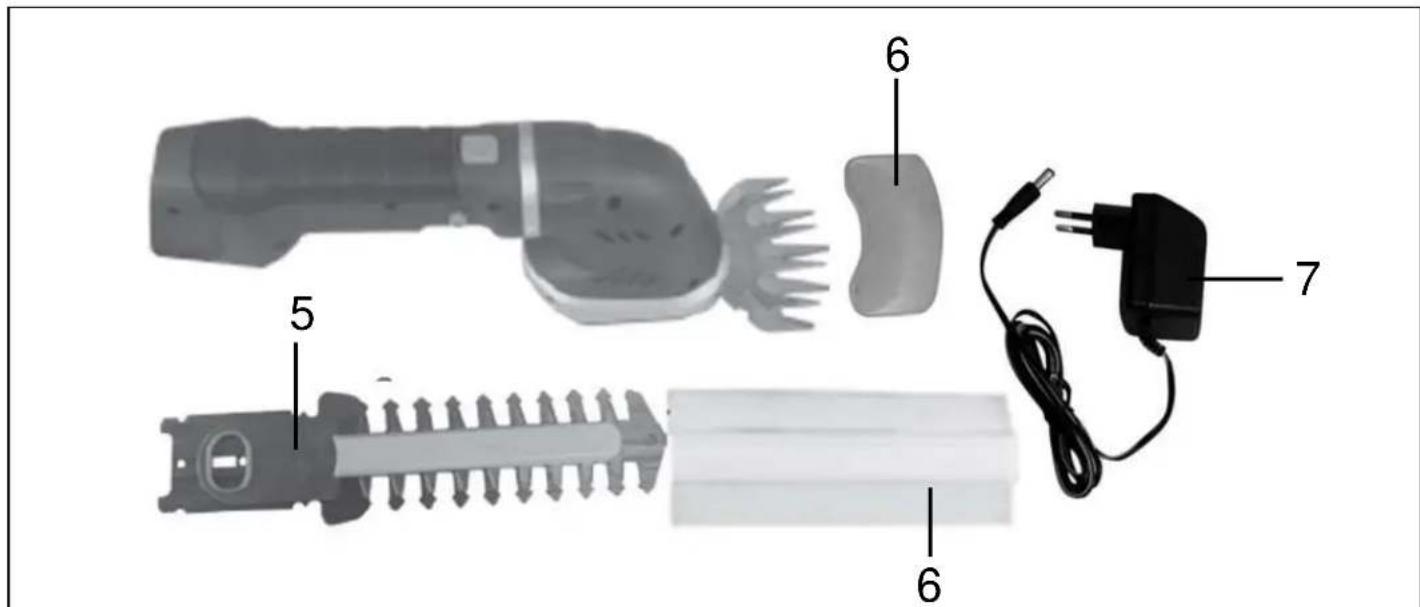 Labeled diagram of a hair dryer with parts numbered 5, 6, and 7 for identification.
