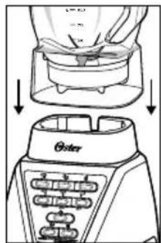 Diagram showing a blender being filled with liquid, labeled 'Oster' and showing step-by-step steps.