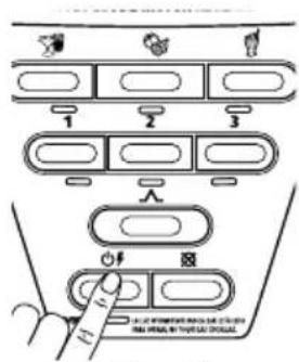 Diagram showing a device control panel with labeled buttons and icons, including a finger pointing to the button.