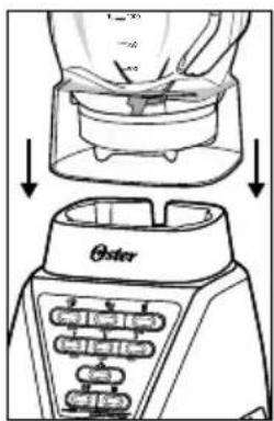 Diagram showing a blender being filled with liquid, with labeled parts and directional arrows indicating process steps.