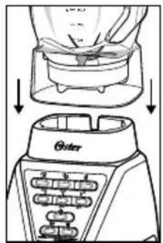 Diagram showing a blender being filled with liquid, with labeled parts and directional arrows indicating process flow.