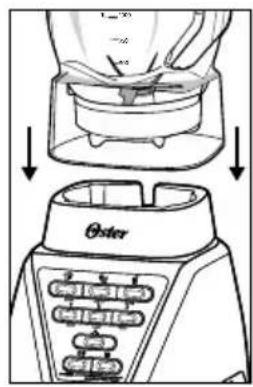 Diagram showing a blender being filled with liquid, with labeled control buttons and a brand name 'Oster' on the blender.