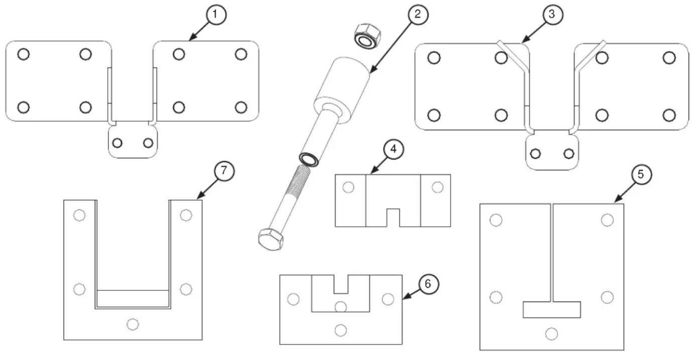 Technical diagram showing seven labeled mechanical assembly steps with numbered components and bolted features