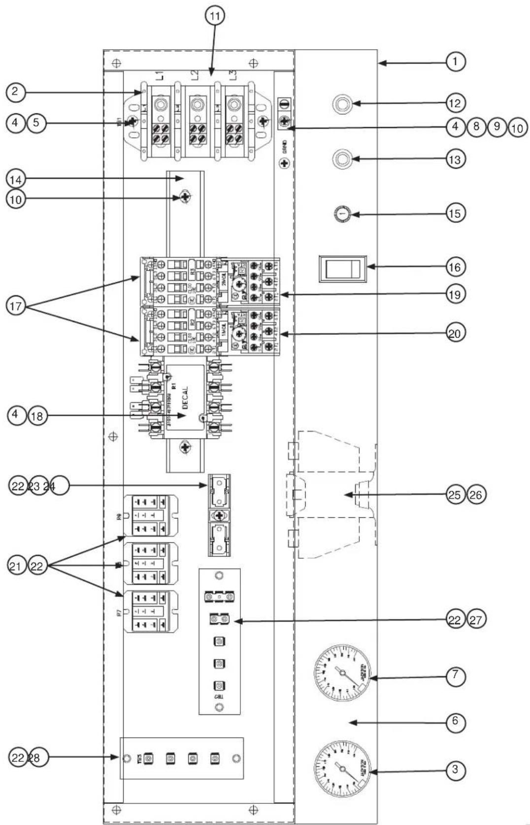 Technical diagram of a server rack with numbered components and labeled connectors