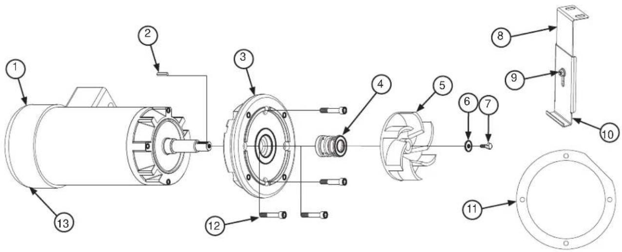 Technical diagram of an electric motor assembly with numbered components for identification and assembly reference.