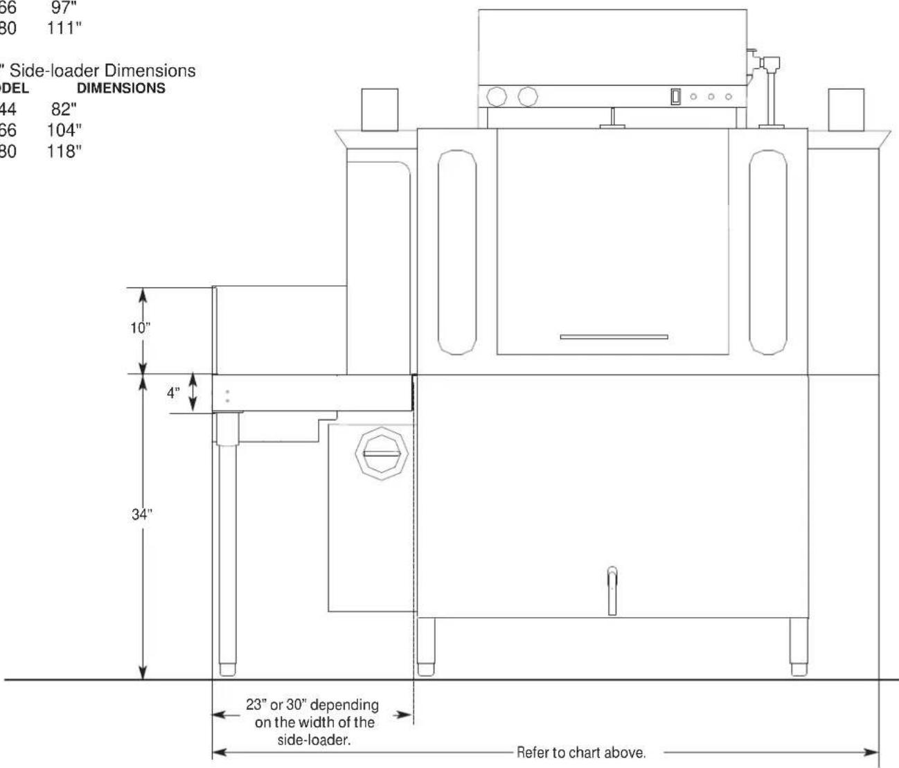 56 97" 30 111" ' Side-loader Dimensions DEL DIMENSIONS 44 82" 66 104" 30 118" 10" 4" 34" 23" or 30" depending on the width of the side-loader. Refer to chart above.