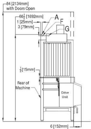 84 [2134mm] with Doors Open 66½[1692mm] 1 [25mm] 3 [79mm] A F G ½[15mm] Rear of Machine Drive Unit 6 [152mm]