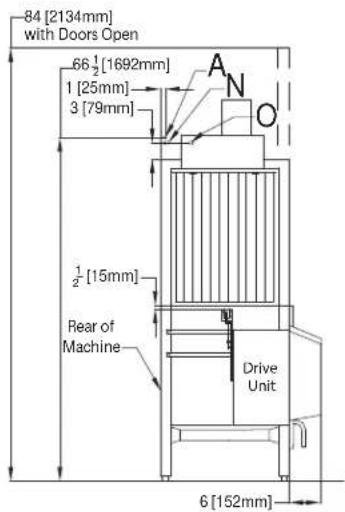 84 [2134mm] with Doors Open 66 ½ [1692mm] 1 [25mm] 3 [79mm] A N O ½ [15mm] Rear of Machine Drive Unit 6 [152mm]