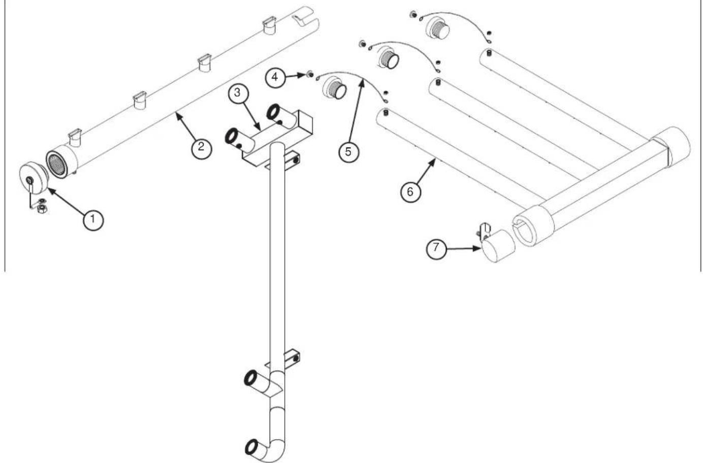 Technical diagram of a piping system with numbered components and directional arrows indicating flow or movement.