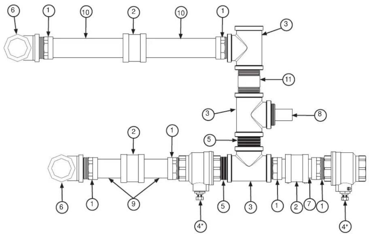 Technical diagram of a mechanical assembly with numbered components and directional arrows indicating flow or assembly paths.