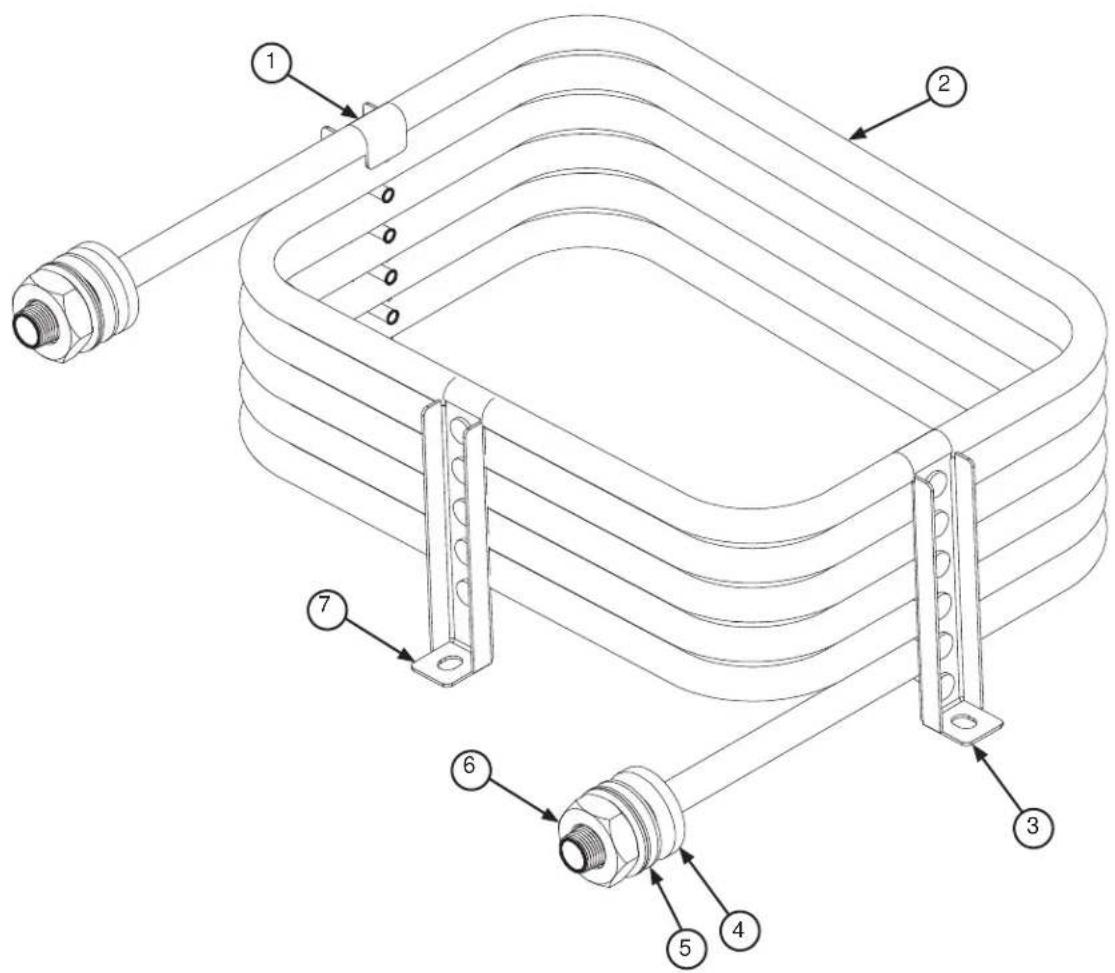 Technical diagram of a coiled heat exchanger with labeled components including inlet, outlet, and internal connectors.