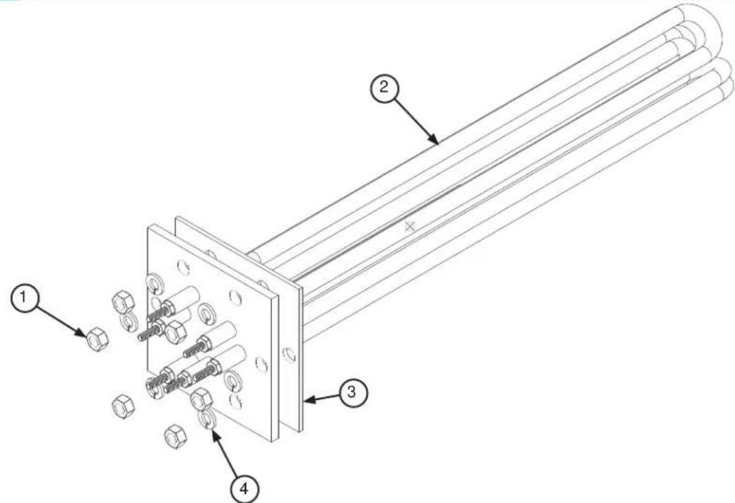 Technical diagram of a heat exchanger or temperature sensor assembly with numbered components and exploded view