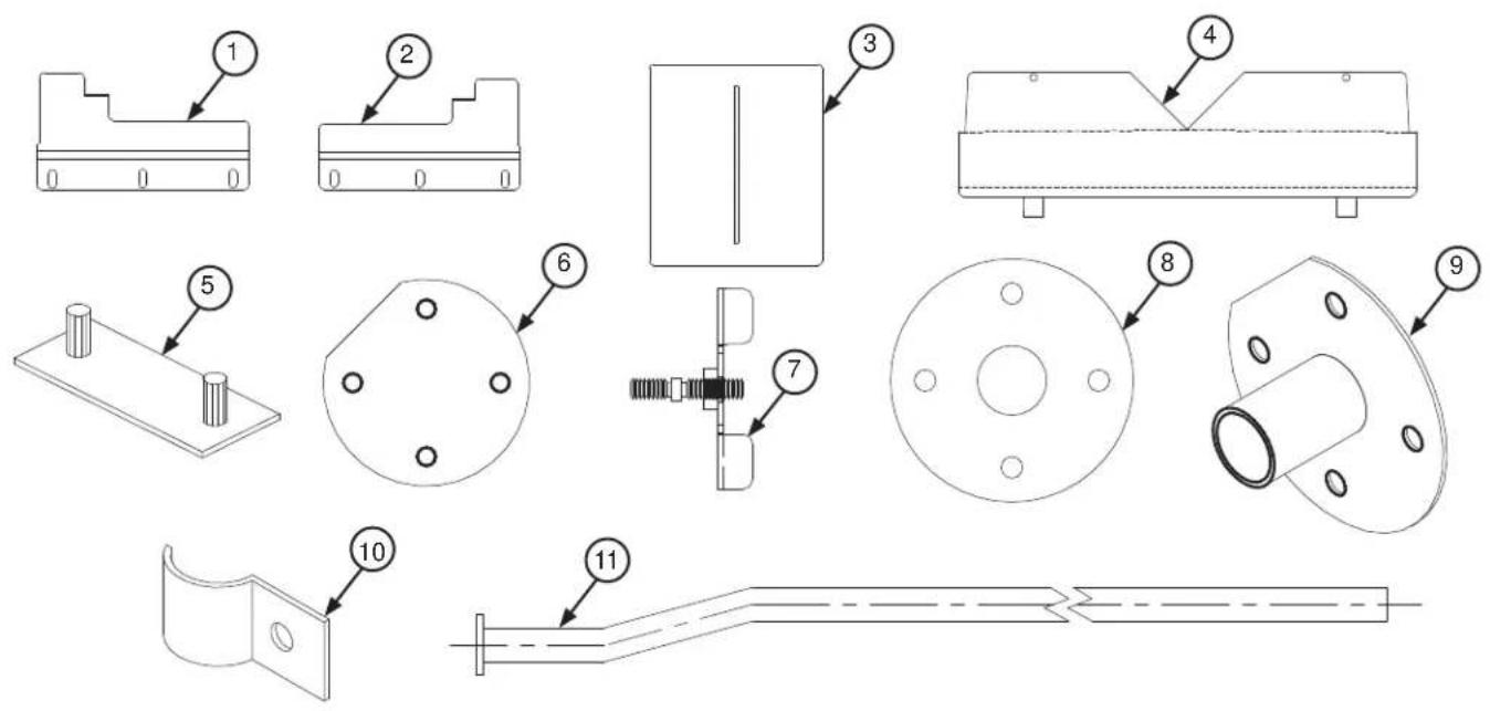 Technical diagram showing 11 labeled mechanical parts with numbered annotations