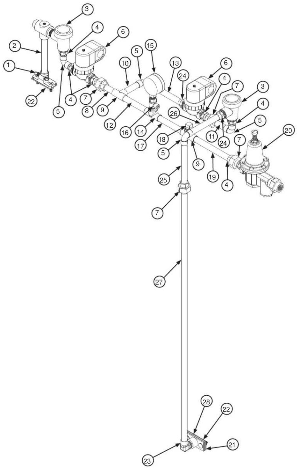 Technical diagram of a mechanical piping system with numbered components and directional arrows indicating flow or assembly.