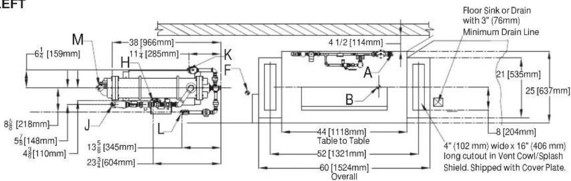 EFT M 6½ [159mm] 38 [966mm] 11¼ [285mm] K F 4 1/2 [114mm] Floor Sink or Drain with 3" (76mm) Minimum Drain Line 21 [535mm] 25 [637mm] 8½ [218mm] 5½ [148mm] 4¾ [110mm] J 13¾ [345mm] 23¾ [604mm] A B 44 [1118mm] Table to Table 52 [1321mm] 60 [1524mm] Overall 8 [204mm] 4" (102 mm) wide x 16" (406 mm) long cutout in Vent Cowl/Splash Shield. Shipped with Cover Plate.
