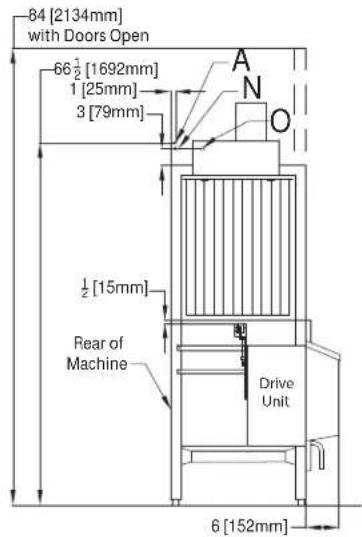84 [2134mm] with Doors Open 66 ½ [1692mm] 1 [25mm] 3 [79mm] A N O ½ [15mm] Rear of Machine Drive Unit 6 [152mm]