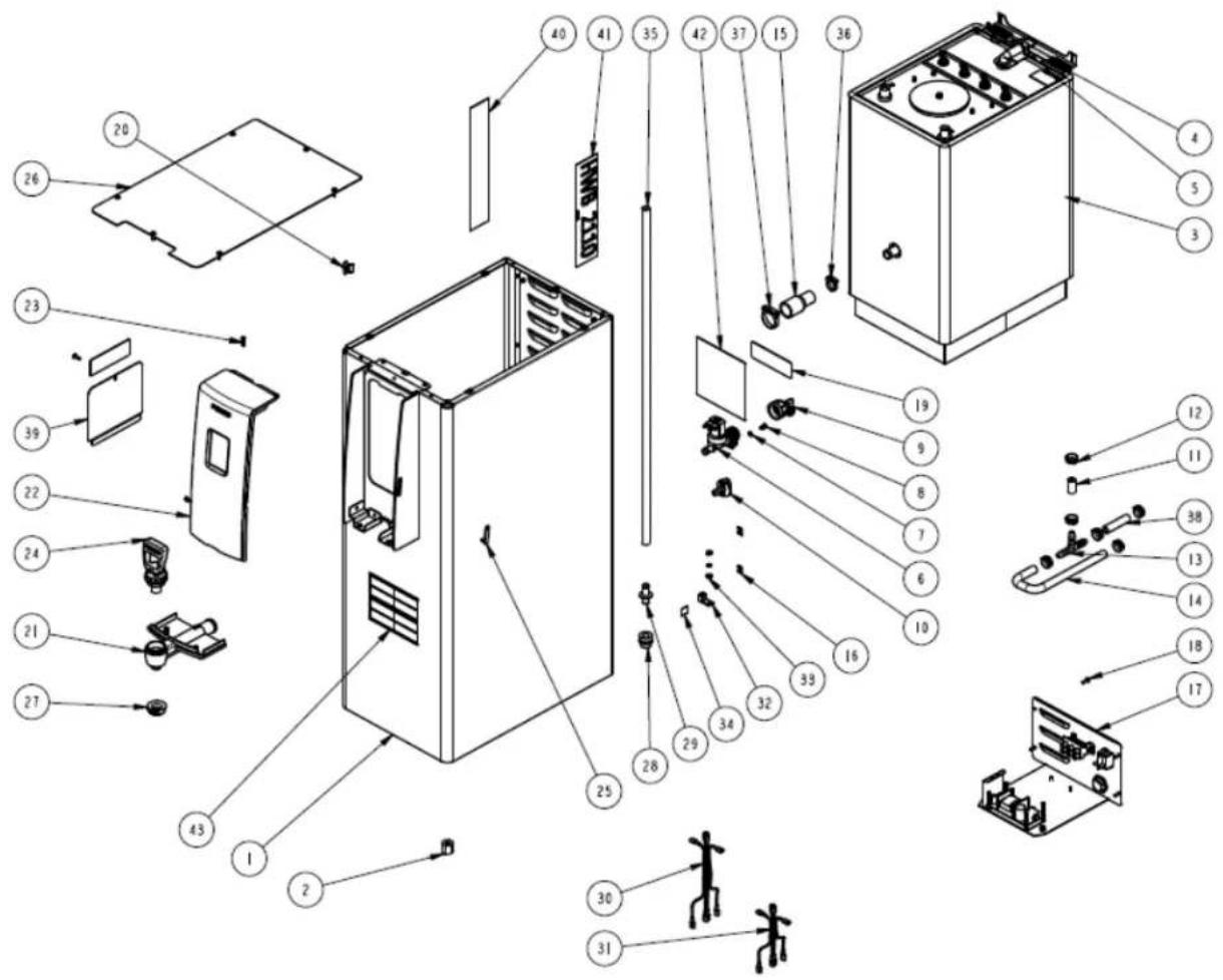 Exploded view diagram of a refrigerator internal components with numbered parts for identification