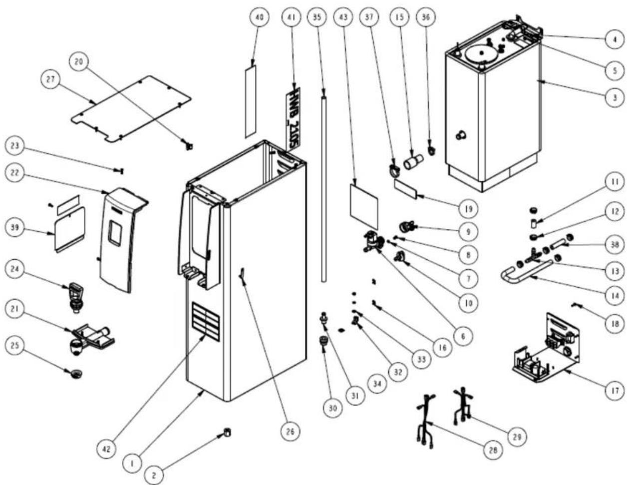 Exploded view diagram of a refrigerator with numbered parts for identification and assembly reference.