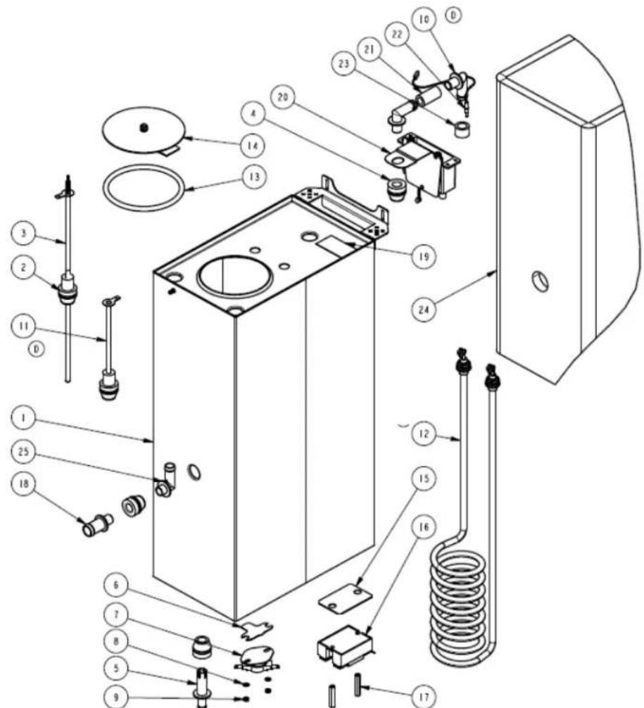 Exploded view diagram of a refrigerator internal components with numbered parts for identification