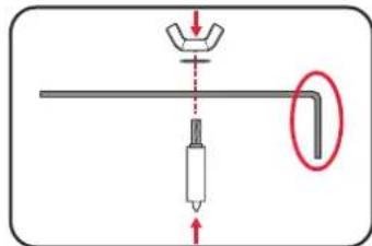 Diagram showing a mechanical or electrical component with a downward arrow and a magnified inset highlighting a section of a L-shaped component.