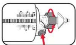 Diagram of a mechanical device with labeled parts and directional arrows indicating motion or force vectors