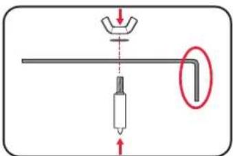 Diagram showing a mechanical or electrical component with a downward arrow and a magnified inset highlighting a section of a component.