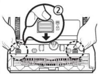 Diagram showing hands operating a device with a labeled button and directional arrows indicating process flow