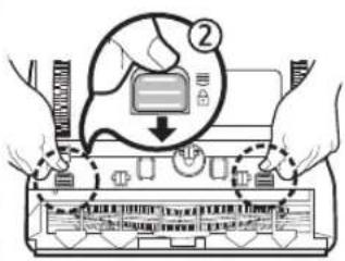 Diagram showing hands operating a device with a magnified view highlighting a component labeled '②' and directional arrows.