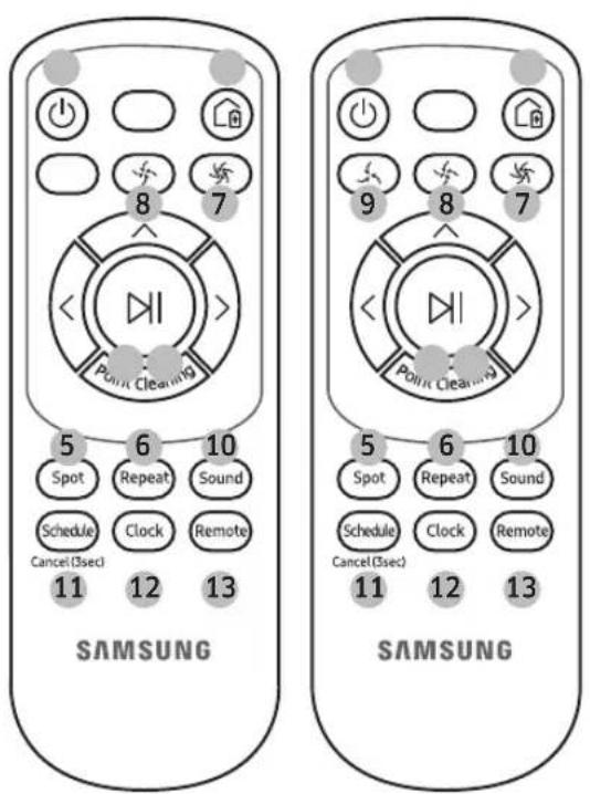 8 7 Point Cleaning 5 6 10 Spot Repeat Sound Schedule Clock Remote Cancel (3sec) 11 12 13 Point Cleaning 5 6 10 Spot Repeat Sound Schedule Clock Remote Cancel (3sec) 11 12 13 SAMSUNG SAMSUNG