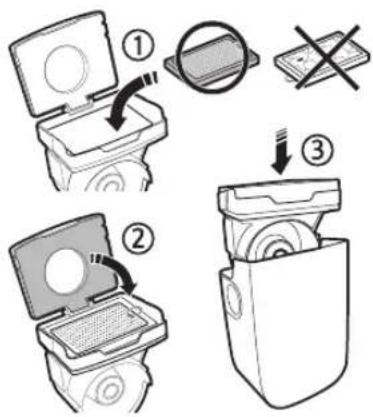 Diagram illustrating three steps of installing a device into a box, with numbered instructions and visual icons.