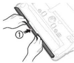 Diagram showing hands holding a pen or ruler with a numbered label pointing to the pen tip, likely illustrating a measurement or labeling process.