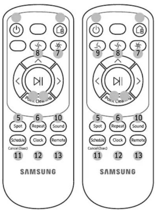 8 7 Point Cleaning 5 6 10 Spot Repeat Sound Schedule Clock Remote Cancel(3sec) 11 12 13 SAMSUNG 8 7 Point Cleaning 5 6 10 Spot Repeat Sound Schedule Clock Remote Cancel(3sec) 11 12 13 SAMSUNG